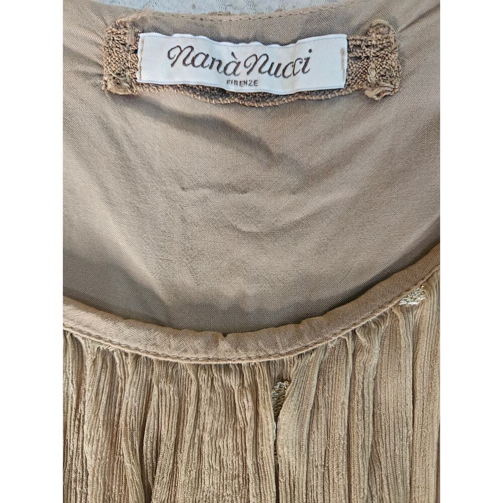 Nana Nucci Tan Tank Midi Dress Sz S Crinkled Fabric Gold Metallic Dashes Silk - Picture 9 of 10